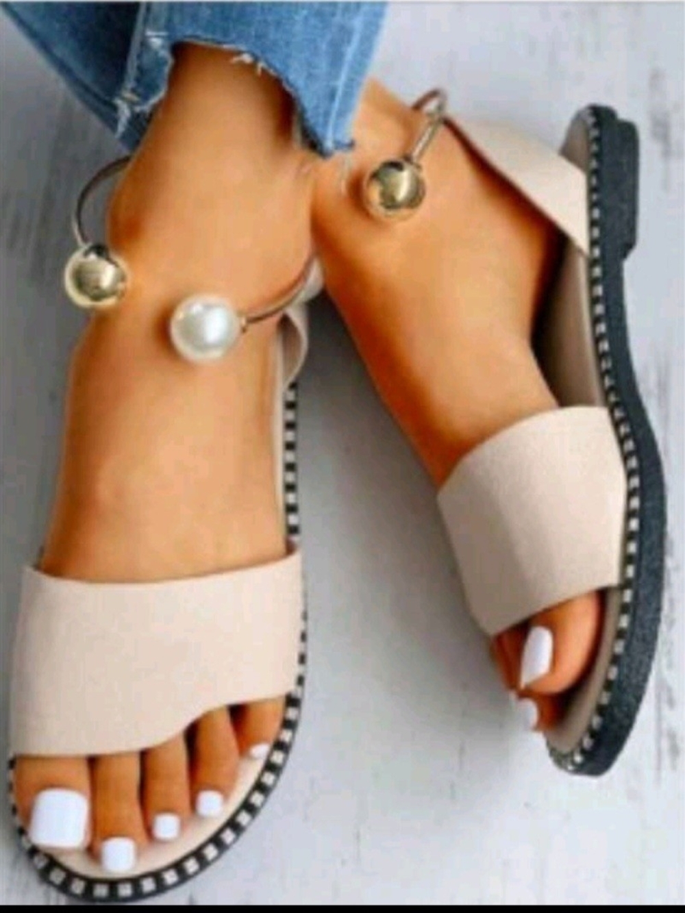 Women’s Cream Wide-Strap Slide Sandals with Decorative Ankle Cuff
